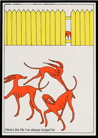 Three long-legged dogs are cavorting together beneath a yellow fence. One dog is peeking out from behind the fence.
