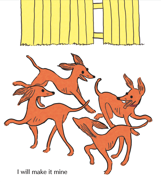 Drawn in a similar style to the first cartoon, now four dogs are cavorting in a circle.